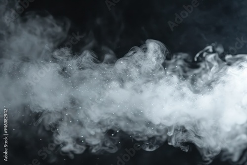 Close up of mist rising above water droplets swirling from humidifier spray on black background