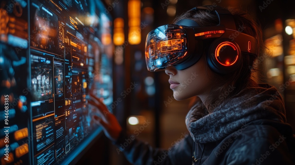 A gamer interacts with floating holographic displays, showcasing their skills in a high-tech, immersive setting illuminated with vivid colors.