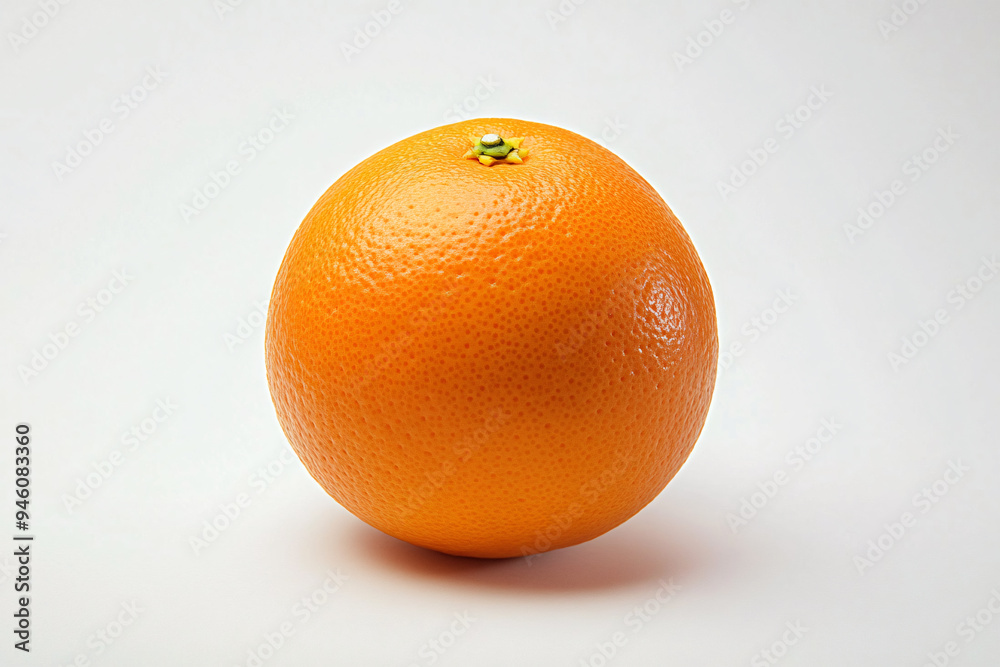 A realistic photograph showcases a perfectly round, fresh orange centered against a stark white background. The vibrant orange hue of the fruit contrasts sharply with the pure white backdrop. Focused A realistic photograph showcases a perfectly round, fresh orange centered against a stark white background. The vibrant orange hue of the fruit contrasts sharply with the pure white backdrop. Focused