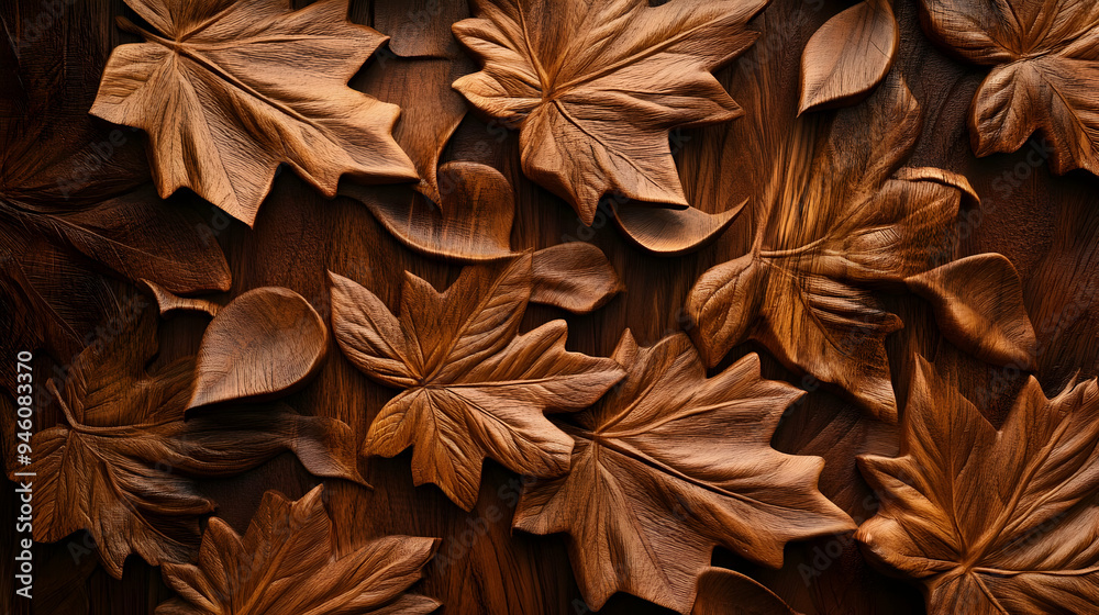 Close-up of intricate wooden leaf carvings on a dark wood background. Close-up of intricate wooden leaf carvings on a dark wood background.