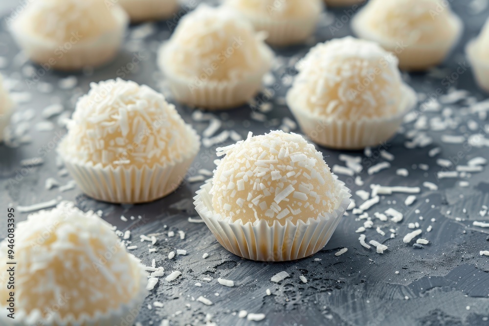 Close up photo of homemade coconut candies on gray background for menu or confectionery ads Close up photo of homemade coconut candies on gray background for menu or confectionery ads