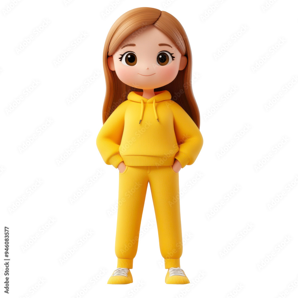 3D Cartoon Girl in a Yellow Hoodie and Pants