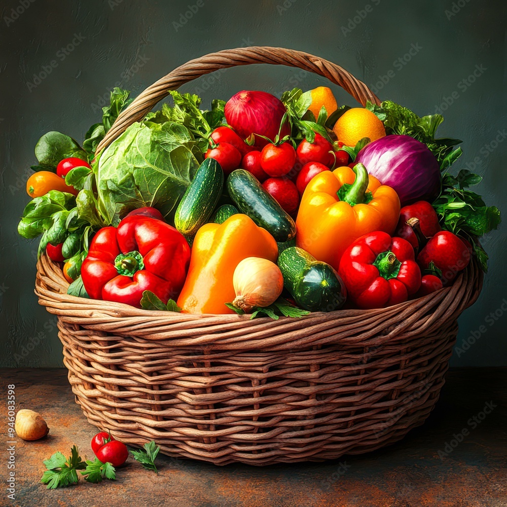 A wicker basket overflowing with vibrant fresh vegetables, including bell peppers, tomatoes, lettuce, and cucumbers, Perfect for use in healthy eating, organic farming, and food market advertisements A wicker basket overflowing with vibrant fresh vegetables, including bell peppers, tomatoes, lettuce, and cucumbers, Perfect for use in healthy eating, organic farming, and food market advertisements
