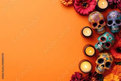 Decorated Skulls, Burning Candles, and Flowers on Orange Background photo