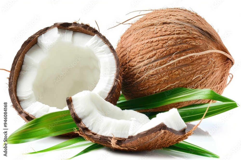 Coconut and leaves on white background Coconut and leaves on white background