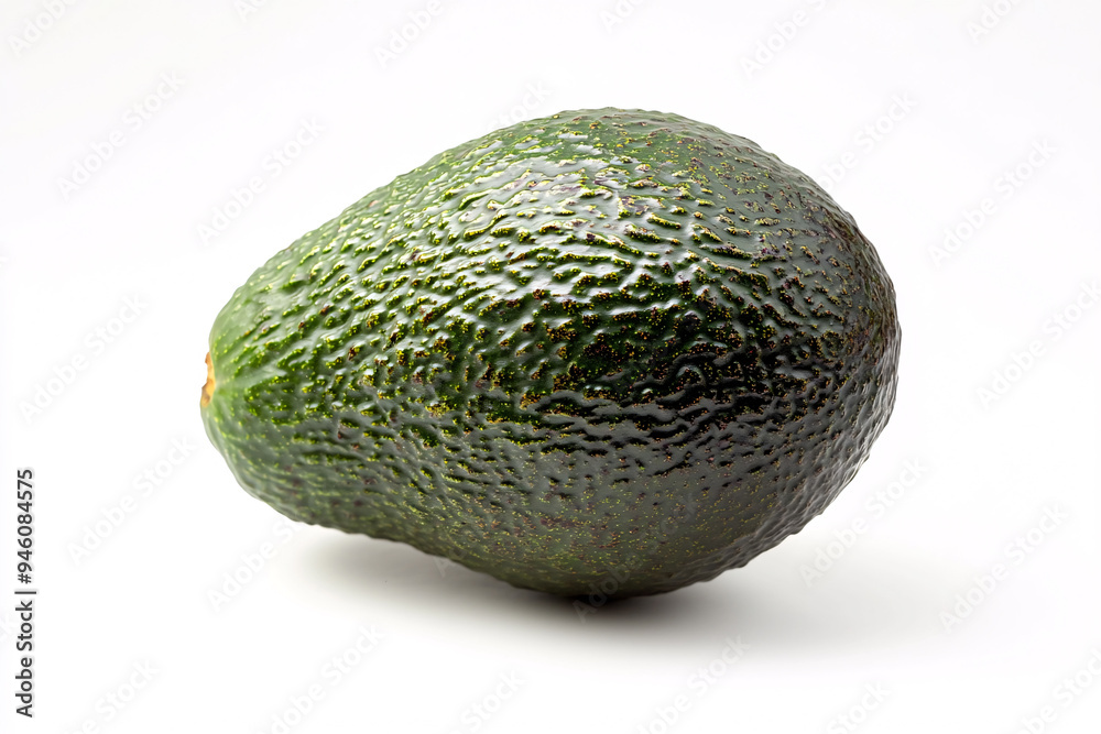 The image presents a close-up, realistic shot of a whole avocado, centered on a solid white background. The focused lighting accentuates the details of the avocado's bumpy skin, revealing the deep The image presents a close-up, realistic shot of a whole avocado, centered on a solid white background. The focused lighting accentuates the details of the avocado's bumpy skin, revealing the deep