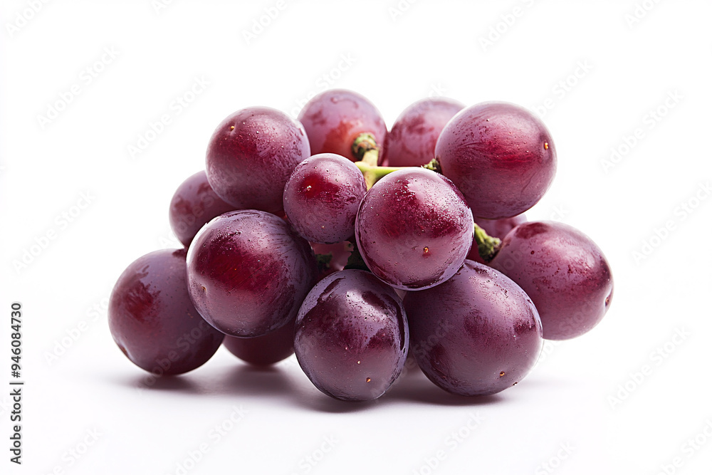 This detailed image presents a cluster of ripe, fresh grapes in a realistic style, centered on a stark white background. The focused lighting accentuates the grapes' smooth, taut skin, revealing This detailed image presents a cluster of ripe, fresh grapes in a realistic style, centered on a stark white background. The focused lighting accentuates the grapes' smooth, taut skin, revealing