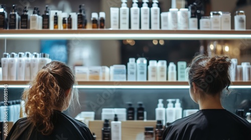 Two women standing in front of a shelf full of hair care products. photo