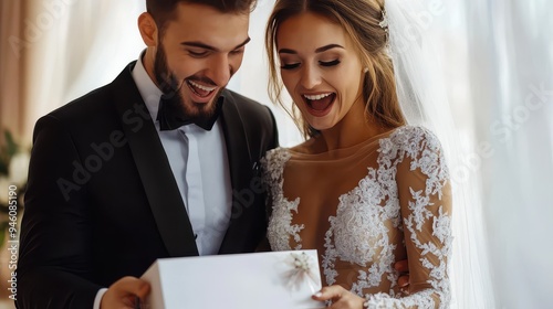 A happy couple excitedly unboxes a gift, sharing a joyful moment in an elegantly decorated environment photo