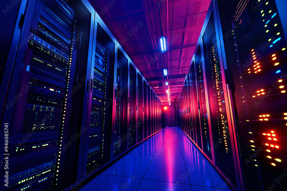 Obraz premium A wide-angle view of a bustling data center, where rows of servers stand tall, their front panels illuminated by an array of blinking lights, each representing ongoing data transfers and processing