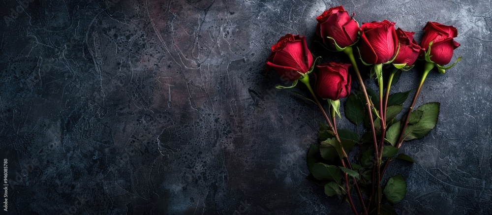 Valentine s Day greeting card featuring a bouquet of red roses on a dark stone background Top view flat lay with room for your greetings. Copy space image. Place for adding text and design Valentine s Day greeting card featuring a bouquet of red roses on a dark stone background Top view flat lay with room for your greetings. Copy space image. Place for adding text and design