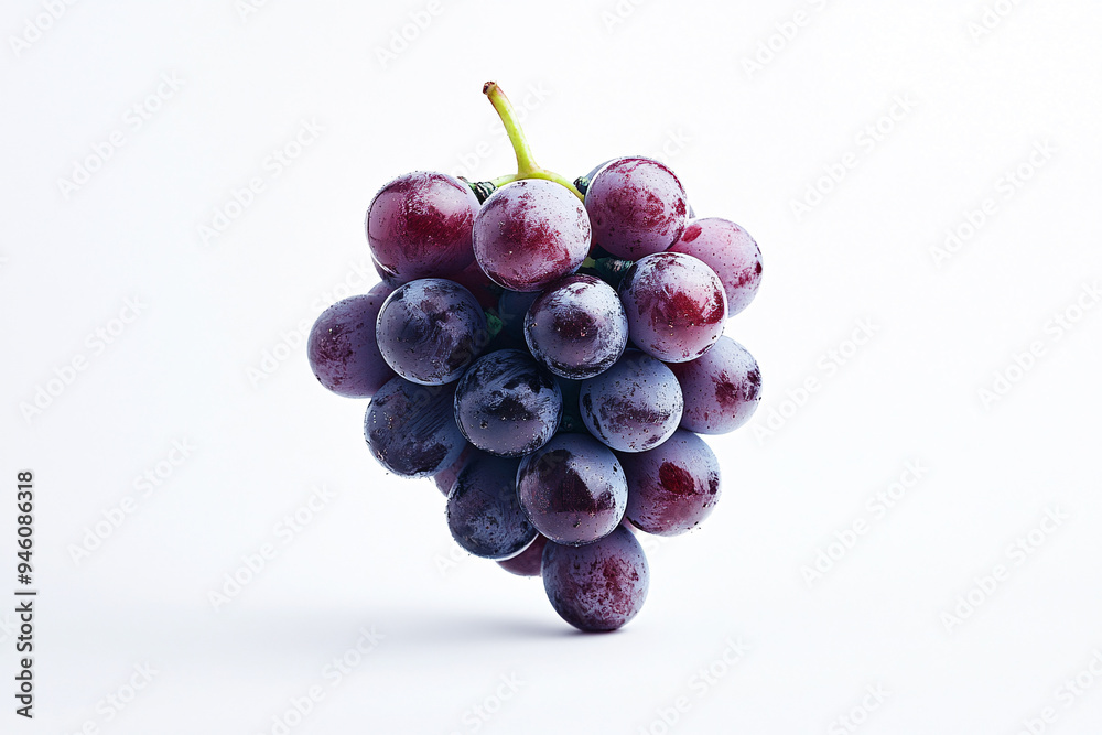 Fototapeta premium The photograph showcases a lush bunch of grapes, perfectly arranged against a clean, stark white background. The focused lighting highlights the grapes' round, plump shape, emphasizing their natural