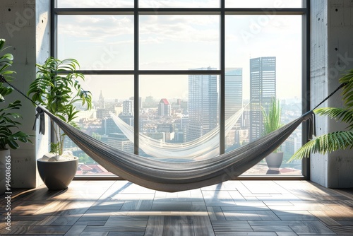 Comfortable gray hammock near a big window Relaxation spot photo