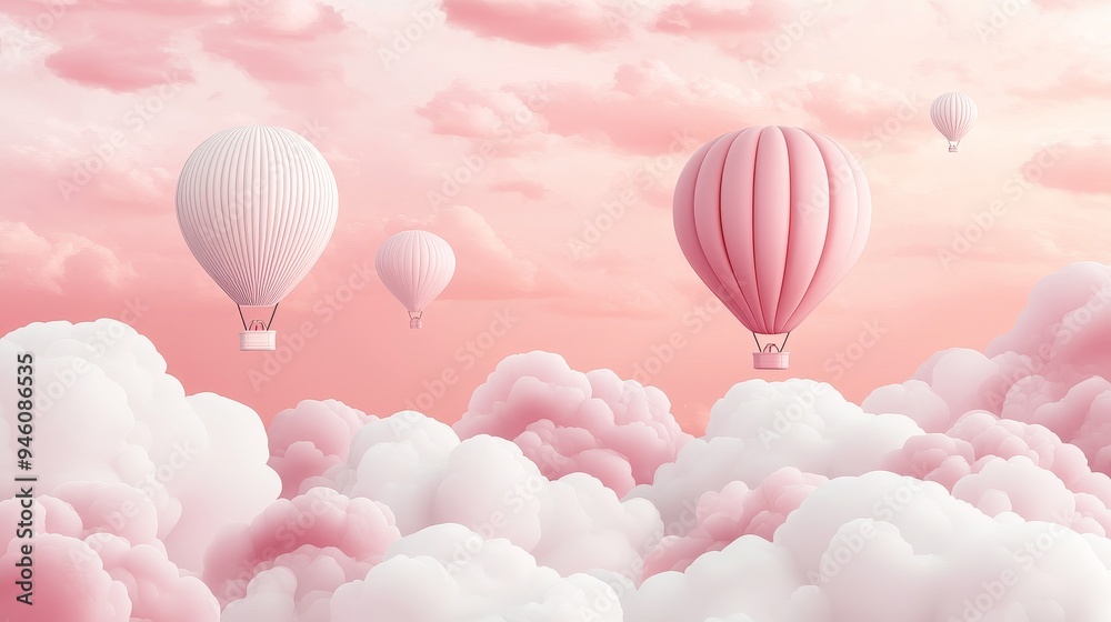 Obraz premium A whimsical wallpaper with hot air balloons floating among clouds, in soft, dreamy colors