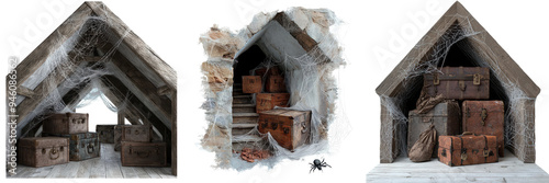 Abandoned attic with old suitcases and cobwebs