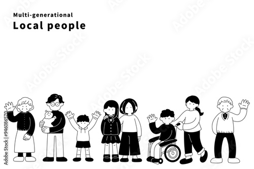 横に並んでいる多世代の地域の人々の単色イラスト（セット）
