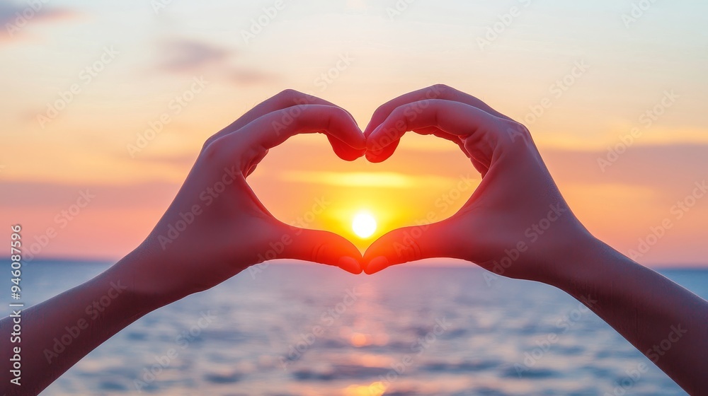 Fototapeta premium Two hands forming a heart shape, with a sunset in the background