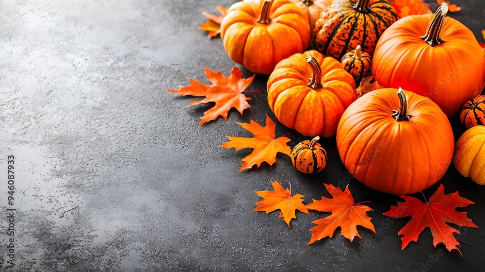 Thanksgiving Decorations: A close-up of a table centerpiece featuring pumpkins, gourds, and autumn leaves. The warm colors and textures create a festive atmosphere. Copy space around the centerpiece. Thanksgiving Decorations: A close-up of a table centerpiece featuring pumpkins, gourds, and autumn leaves. The warm colors and textures create a festive atmosphere. Copy space around the centerpiece.