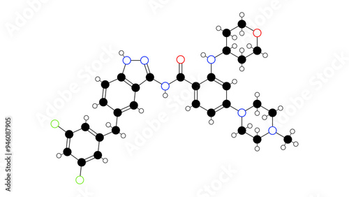 entrectinib molecule, structural chemical formula, ball-and-stick model, isolated image antineoplastic agents photo