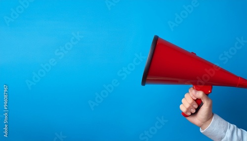 Hand with red megaphone isolated on blue background, Generative AI