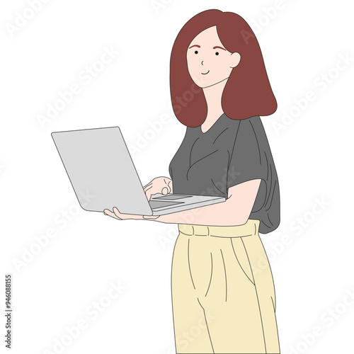 Smiley business woman with laptop. Business idea concept. Startup life. Vector flat illustration.