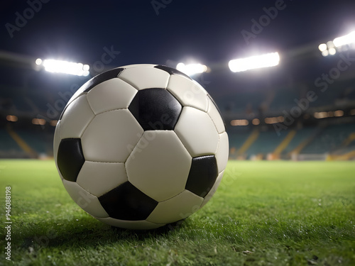 soccer ball on the grass field in the large stadium sports arena