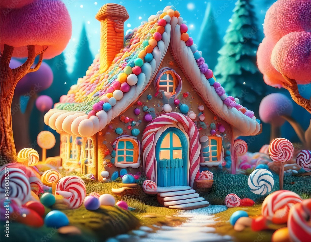 House made of candy in enchanted forest of fantasy world, 3D illustration, AI House made of candy in enchanted forest of fantasy world, 3D illustration, AI