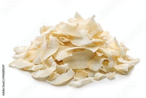 Dehydrated coconut chips on white background