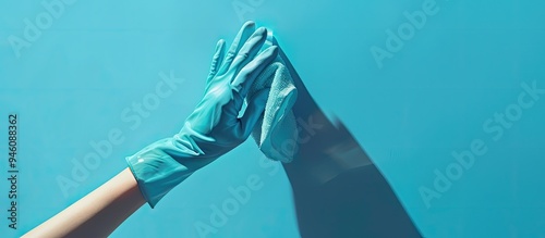 Close up of a woman s hand wearing a blue glove holding a rag and a cleaning sponge set against a blue background copyspace photo