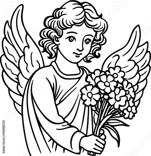 Angel Vintage with flowers engraving style for streetwear and urban style t-shirts design, hoodies vector illustration