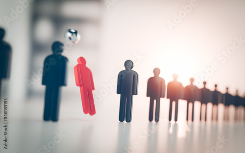 Tableau sur toile A metal ball strikes figurines symbolizing people, illustrating layoffs in corporations, recruitment, and elimination from public life