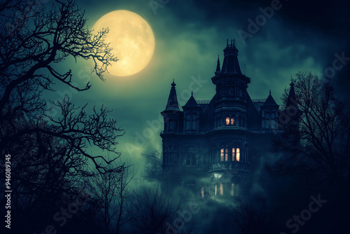 Dark haunted house with a full moon and mist creating a spooky atmosphere, ideal for Halloween themed settings.