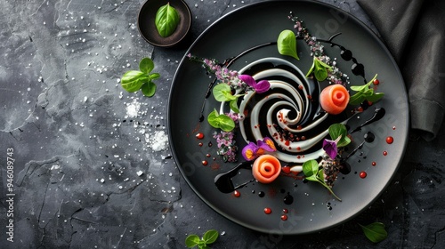 Creative food plating with sauces forming artistic swirls photo