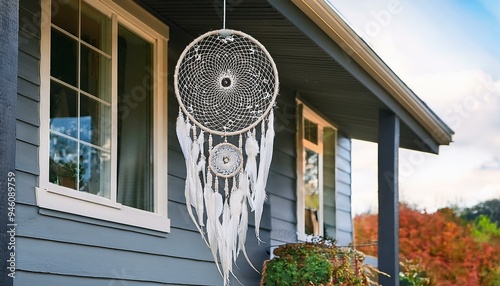 Handmade dreamcatcher decorated with white feathers and serving as a traditional Native American talisman, is commonly placed at the entrance of a home for both protection and aesthetic purposes photo