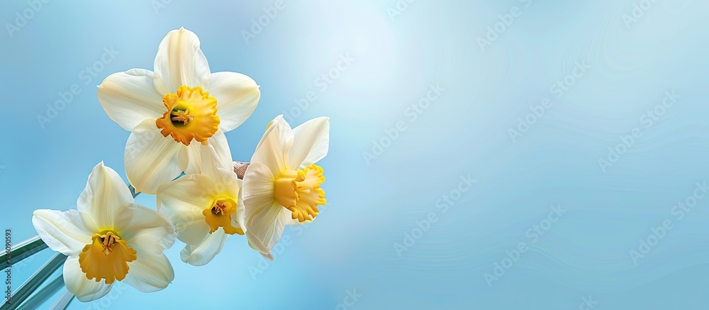 Banner featuring yellow narcissus flowers on a blue pastel background with space for text. Copy space image. Place for adding text and design Banner featuring yellow narcissus flowers on a blue pastel background with space for text. Copy space image. Place for adding text and design