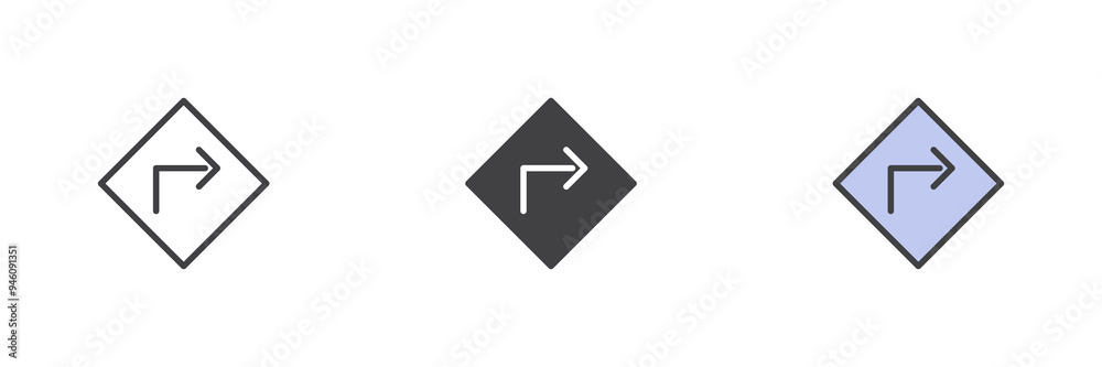 Turn right arrow different style icon set Turn right arrow different style icon set