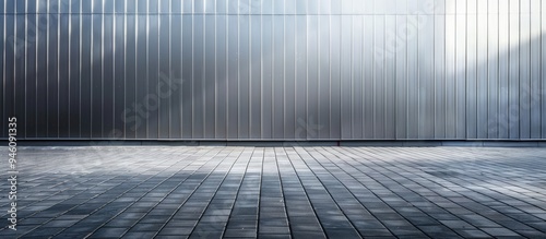 Exterior wall of the warehouse composed of aluminum sheeting with a paved sidewalk in the outdoor area as the background image. Copy space image. Place for adding text and design