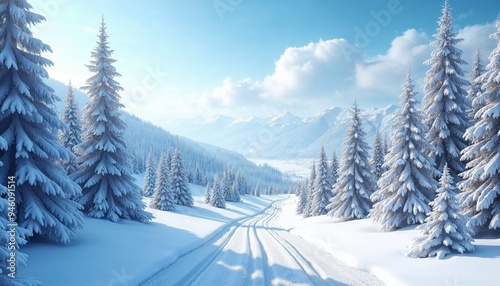 Snow-covered pine trees line a winding road in a snowy mountain landscape.