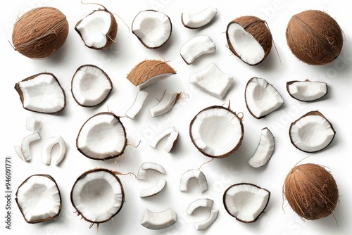 Fresh whole coconut with slices on white background top view
