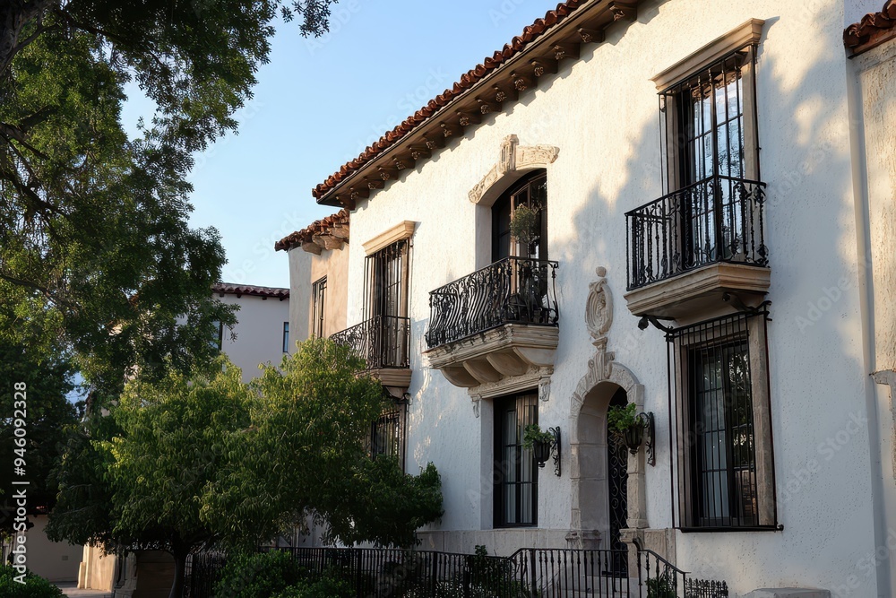 Spanish Colonial Architecture: A beautiful shot of a historic Spanish-style building with ornate details, stucco walls, and iron balconies Spanish Colonial Architecture: A beautiful shot of a historic Spanish-style building with ornate details, stucco walls, and iron balconies