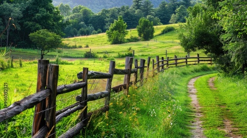 Rustic wooden fence bordering a lush, green field