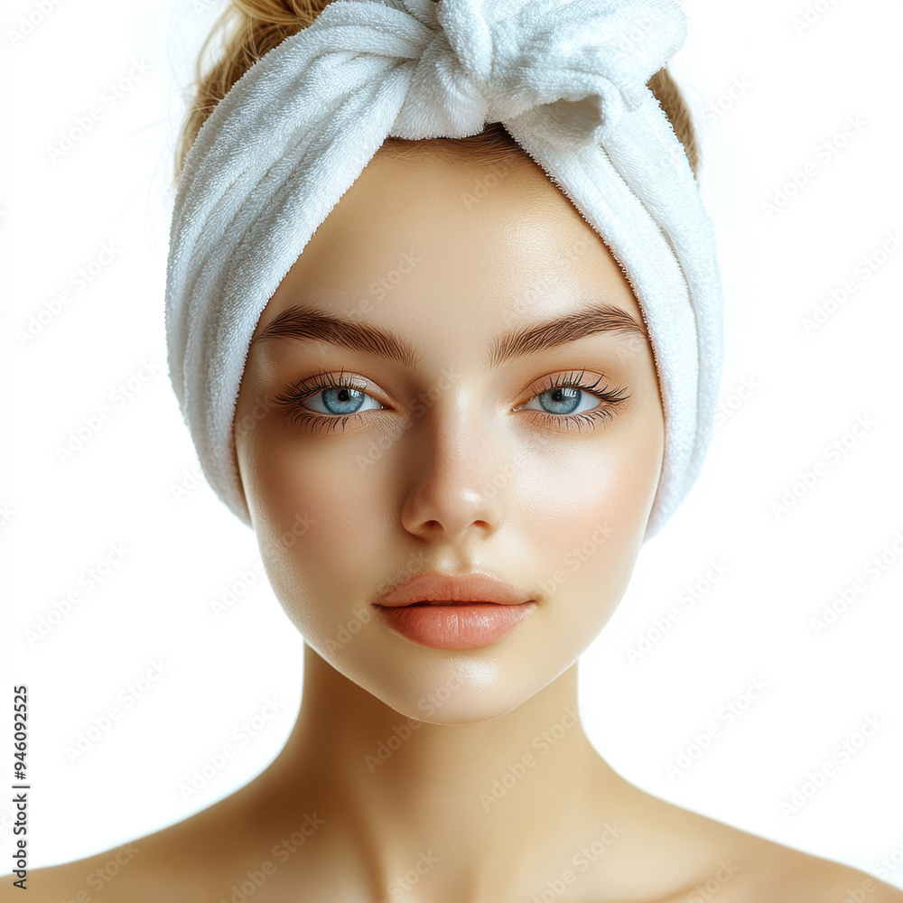 A woman with a white headband and blue eyes. She has a very clean and fresh look A woman with a white headband and blue eyes. She has a very clean and fresh look