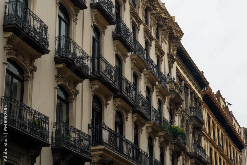 Spanish Colonial Architecture: A beautiful shot of a historic Spanish-style building with ornate details, stucco walls, and iron balconies Spanish Colonial Architecture: A beautiful shot of a historic Spanish-style building with ornate details, stucco walls, and iron balconies