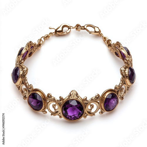 A gold and purple bracelet with a clasp. The bracelet is very pretty and elegant