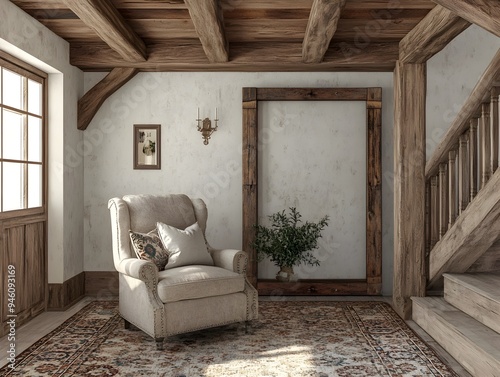 Cozy and inviting rustic farmhouse interior featuring a distressed wood frame an overstuffed armchair with a patterned rug and a beamed ceiling photo