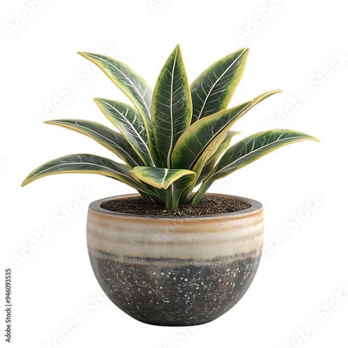 A Lush Green Snake Plant with Yellow Edges Growing in a Speckled Pot with a Transparent Background photo