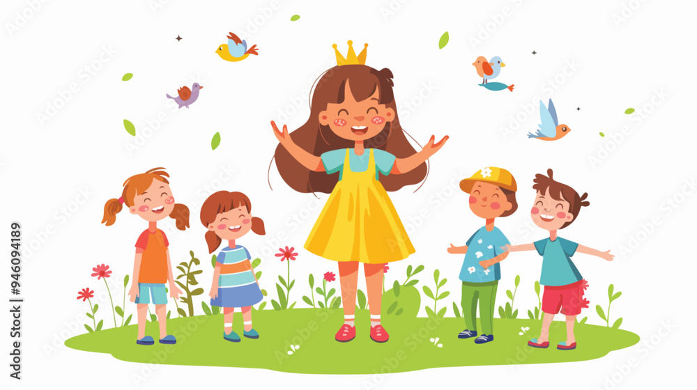 Happy Little Girl in Colorful Outfit Enjoying Summer Day with Friend in Park Happy Little Girl in Colorful Outfit Enjoying Summer Day with Friend in Park