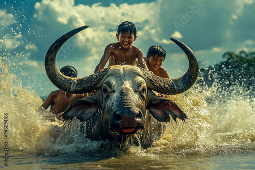 An ancient Asian farmer rides a buffalo in a river photo