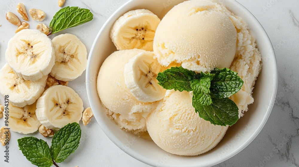 Φωτογραφία A marble countertop houses a bowl of ice cream with sliced bananas and mint sp