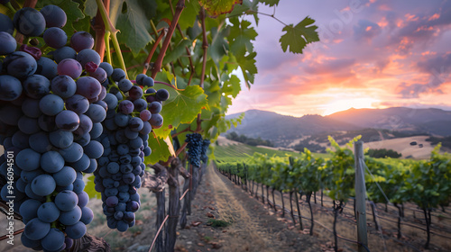 grapes and vineyard, landscape with sunlight poster	